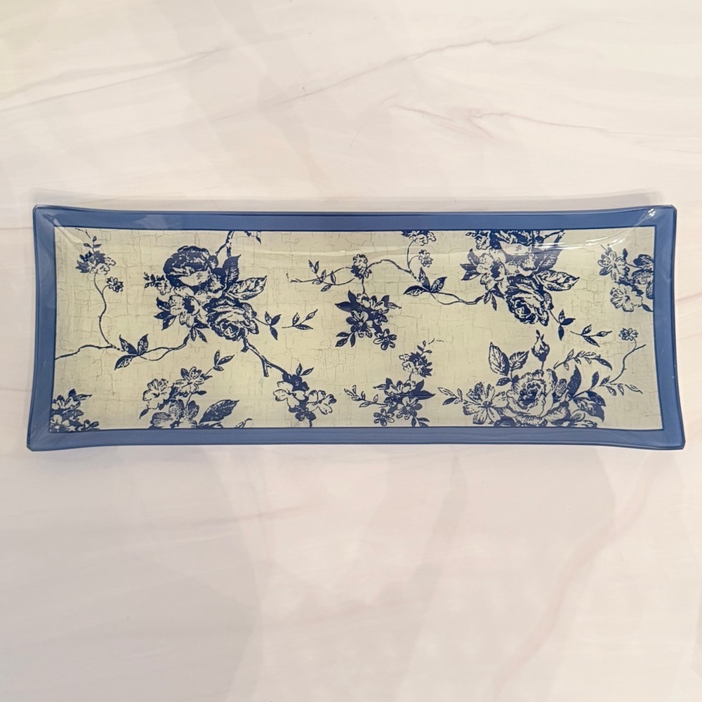 Blue and white toile long glass rectangular tray with curved edges - new!